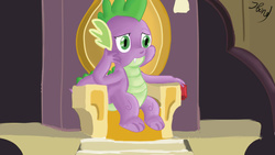Size: 1280x720 | Tagged: safe, artist:jbond, spike, dragon, g4, princess spike, male, signature, sitting, solo, throne, throne room