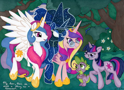 Size: 1024x744 | Tagged: safe, artist:jenkiwi, princess cadance, princess celestia, princess luna, spike, twilight sparkle, alicorn, dragon, pony, unicorn, g4, a wrinkle in time, alicorn triarchy, crossover, female, forest, glasses, male, mare, sisters-in-law, traditional art, unicorn twilight