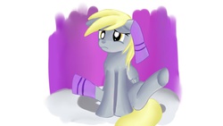 Size: 1280x720 | Tagged: safe, artist:jbond, derpy hooves, pegasus, pony, g4, clothes, female, mare, sad, simple background, sitting, socks, solo, spread legs, spreading, white background