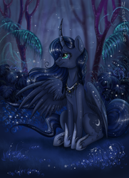 Size: 1447x2003 | Tagged: safe, artist:heather-west, princess luna, g4, crying, curved horn, female, forest, horn, night, sitting, solo, spread wings