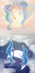 Size: 1800x3673 | Tagged: safe, artist:neko-luvz, princess celestia, princess luna, g4, moon, prone, sisters, sun, tangible heavenly object