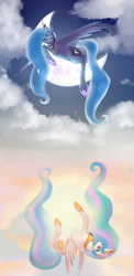 Size: 1024x2090 | Tagged: safe, artist:neko-luvz, princess celestia, princess luna, g4, moon, prone, sisters, sun, tangible heavenly object