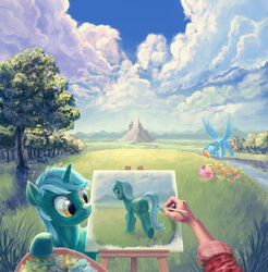 Size: 4500x4568 | Tagged: safe, artist:hunternif, fluttershy, lyra heartstrings, rainbow dash, human, pegasus, pony, unicorn, absurd resolution, butt, canterlot, cute, eyes closed, fanfic art, female, flying, grass, grin, hand, legs in air, mare, mountain, offscreen character, on back, painting, picture, plein air, plot, pov, river, scenery, scenery porn, smiling, spread wings