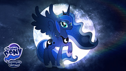 Size: 1920x1080 | Tagged: safe, artist:jackardy, princess luna, g4, best pony, best princess, female, looking at you, moon, night, rainbow, raised hoof, smiling, solo, spread wings, wallpaper