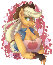 Size: 1377x1701 | Tagged: safe, artist:shinako-tan, applejack, earth pony, anthro, g4, breasts, busty applejack, cleavage, clothes, female, fingerless gloves, gloves, solo, top