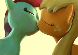 Size: 1024x724 | Tagged: safe, artist:tiger-type, applejack, rainbow dash, earth pony, pegasus, pony, g4, digital painting, duo, eyes closed, female, kiss on the lips, kissing, lesbian, mare, ship:appledash, shipping