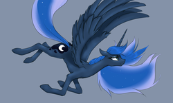 Size: 2500x1500 | Tagged: safe, artist:madhotaru, princess luna, alicorn, pony, g4, beautiful, ethereal mane, ethereal tail, female, flying, large wings, long legs, long neck, looking forward, simple background, slender, solo, spread wings, starry mane, starry tail, tail, tall, thin, wings