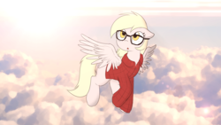 Size: 1920x1080 | Tagged: safe, artist:gergta, artist:mcsadat, color edit, edit, derpy hooves, pegasus, pony, g4, blank flank, clothes, female, flying, glasses, lens flare, mare, sky, wallpaper, wings