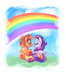 Size: 2000x2200 | Tagged: safe, artist:whitediamonds, applejack, rarity, earth pony, pony, unicorn, rarijack daily, g4, duo, eyes closed, female, gay pride, gay pride flag, hat, high res, intertwined tails, lesbian, lovewins, mare, pride, rainbow, ship:rarijack, shipping, smiling