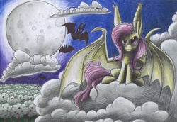 Size: 1024x705 | Tagged: safe, artist:kobra333, fluttershy, bat, g4, cloud, cloudy, flutterbat, moon, traditional art