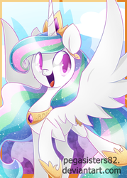 Size: 750x1050 | Tagged: safe, artist:pegasisters82, princess celestia, alicorn, pony, g4, female, mare, solo, spread wings, watermark, wings