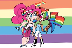 Size: 960x640 | Tagged: safe, artist:miss-zi-zi, pinkie pie, rainbow dash, human, g4, clothes, cute, female, flag, gay pride, gay pride flag, heart, holding hands, humanized, lesbian, lovewins, pride, ship:pinkiedash, shipping, tank top, tongue out, wink