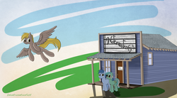 Size: 1900x1050 | Tagged: safe, artist:idontrunntoofast, blues, derpy hooves, lyra heartstrings, noteworthy, pegasus, pony, g4, female, mare, nplh, ship:lyraworthy, simple background