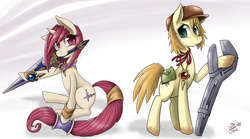 Size: 1440x800 | Tagged: dead source, safe, artist:starlightspark, pony, bag, dark chronicle, female, hat, male, mouth hold, ponified, sword, weapon, wrench