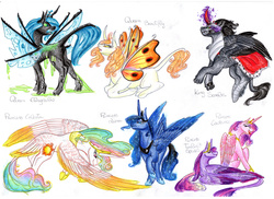 Size: 6876x5000 | Tagged: safe, artist:dawn22eagle, king sombra, princess cadance, princess celestia, princess luna, queen chrysalis, twilight sparkle, oc, oc:queen beautifly, alicorn, changeling, changeling queen, classical unicorn, flutter pony, pony, g4, absurd resolution, alicornified, butt, changeling queen oc, changeling slime, colored wings, female, headcanon, height difference, horn, leonine tail, male, mare, nudity, paws, plot, queen, race swap, sheath, slime, sombracorn, stallion, tail feathers, twilight sparkle (alicorn)