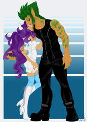 Size: 2480x3508 | Tagged: safe, artist:clarichi, rarity, spike, human, g4, alternate hairstyle, blushing, boots, claws, clothes, eared humanization, female, height difference, high res, humanized, male, muscles, older, older spike, ship:sparity, shipping, sideburns, size difference, socks, straight, tattoo, thigh highs