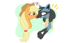 Size: 1024x575 | Tagged: safe, artist:xylaofspades, applejack, lucario, g4, applebetes, crossover, cute, jackabetes, licking, pokémon, sweet dreams fuel, tongue out
