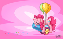 Size: 2560x1600 | Tagged: safe, artist:mysticalpha, pinkie pie, earth pony, pony, g4, party pooped, balloon, cute, diapinkes, eyes closed, female, floppy ears, mare, party cannon, signature, solo, that was fast, tired, wallpaper