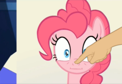 Size: 1294x889 | Tagged: safe, edit, screencap, pinkie pie, g4, party pooped, :i, boop, boop edit, faic, female, finger, hand, solo, wide eyes