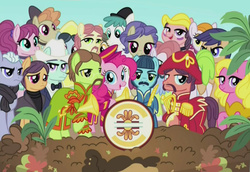 Size: 1400x962 | Tagged: safe, screencap, lonely hearts, natural act, northern song, pinkie pie, strawberry fields, earth pony, pony, g4, party pooped, background pony, clothes, david livingstone, diana dors, facial hair, george harrison, hat, john lennon, looking at you, moustache, musical instrument, oliver hardy, paul mccartney, petty girl, pinko starr, ponified, ringo starr, sgt. pepper's lonely hearts club band, shirley temple, stan laurel, the beatles, tom mix, tree of life