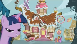 Size: 1227x698 | Tagged: safe, screencap, berry punch, berryshine, caramel, derpy hooves, dizzy twister, orange swirl, twilight sparkle, pegasus, pony, g4, my little pony: friendship is magic, party pooped, female, grin, lidded eyes, mare, smiling, sugarcube corner