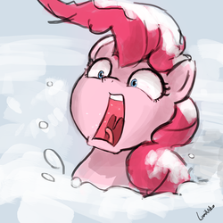 Size: 750x750 | Tagged: safe, artist:lumineko, pinkie pie, earth pony, pony, g4, party pooped, faic, female, gasp, mare, open mouth, snow, solo, that was fast, wide eyes