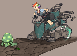 Size: 1280x942 | Tagged: safe, artist:madhotaru, rainbow dash, tank, human, g4, hoverbike, humanized