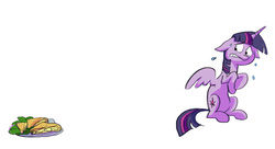 Size: 887x482 | Tagged: safe, artist:nukilik, twilight sparkle, alicorn, pony, g4, party pooped, ears back, female, gritted teeth, mare, nervous, quesadilla, scared, sitting, solo, sweat, that was fast, they're just so cheesy, twilight sparkle (alicorn)