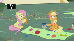 Size: 500x281 | Tagged: safe, screencap, applejack, fluttershy, earth pony, pegasus, pony, g4, party pooped, animated, applejack's hat, balloon, banner, blowing, blowing up balloons, confetti, cowboy hat, cute, discovery family, discovery family logo, female, frown, hat, inflating, jackabetes, mare, messy, paint, paint in hair, paint on fur, puffy cheeks, red face, shyabetes, sitting, sweat, talking, wide eyes