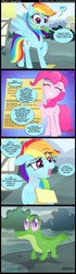 Size: 900x3225 | Tagged: safe, artist:coltsteelstallion, gummy, pinkie pie, rainbow dash, g4, party pooped, comic, exclamation point, open mouth, raised hoof, that was fast, tower of pimps