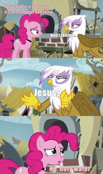 Size: 1280x2160 | Tagged: safe, edit, edited screencap, screencap, gilda, pinkie pie, griffon, g4, the lost treasure of griffonstone, church, holy water, jesus christ, joke, pinkie priest, priest, sarcasm