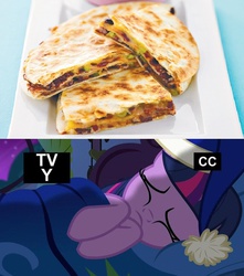 Size: 696x787 | Tagged: safe, screencap, twilight sparkle, alicorn, pony, g4, party pooped, power ponies (episode), bed, hat, irl, nightcap, nightmare, photo, quesadilla, sleeping, they're just so cheesy, twilight sparkle (alicorn)