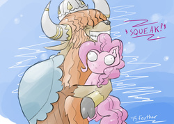 Size: 1024x731 | Tagged: safe, artist:feather, pinkie pie, prince rutherford, yak, g4, party pooped, cloven hooves, eye bulging, female, hug, male, that was fast