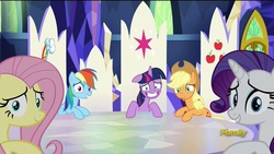 Size: 1920x1080 | Tagged: safe, screencap, applejack, fluttershy, rainbow dash, rarity, twilight sparkle, alicorn, pony, g4, party pooped, crazy face, discovery family logo, faic, female, looking at you, mare, twilight snapple, twilight sparkle (alicorn), twilight's castle