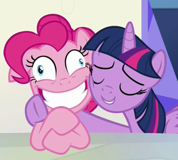 Size: 1000x898 | Tagged: safe, screencap, pinkie pie, twilight sparkle, alicorn, pony, g4, party pooped, crazy face, derp, faic, female, hug, mare, twilight sparkle (alicorn), wide eyes