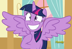 Size: 1548x1050 | Tagged: safe, screencap, twilight sparkle, alicorn, pony, g4, party pooped, season 5, crazy face, discovery family logo, faic, female, grin, mare, mismatched eyes, nervous, smiling, solo, spread wings, sweat, twilight snapple, twilight sparkle (alicorn), wide eyes, wingboner