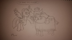 Size: 5312x2988 | Tagged: safe, artist:mkogwheel, prince rutherford, twilight sparkle, alicorn, pony, yak, g4, party pooped, female, korean, mare, monochrome, sketch, slap, traditional art, twilight sparkle (alicorn)