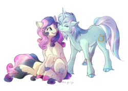 Size: 1233x876 | Tagged: safe, artist:cigarscigarettes, artist:elskafox, bon bon, lyra heartstrings, sweetie drops, earth pony, pony, unicorn, g4, cloven hooves, eyes closed, female, fluffy, hooves, kissing, lesbian, mare, one eye closed, ship:lyrabon, shipping, simple background, smiling, transparent background, unshorn fetlocks