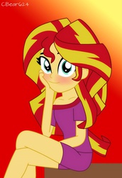 Size: 600x871 | Tagged: safe, artist:cbear624, sunset shimmer, equestria girls, g4, my little pony equestria girls: rainbow rocks, blushing, clothes, female, gradient background, needs more jpeg, pajamas, sitting, solo