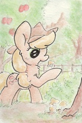 Size: 681x1023 | Tagged: safe, artist:slightlyshade, applejack, g4, female, mushroom, solo, traditional art