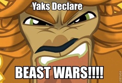 Size: 510x348 | Tagged: safe, edit, edited screencap, screencap, prince rutherford, yak, g4, party pooped, beast wars, garry chalk, image macro, male, meme, open mouth, solo, transformers, voice actor joke