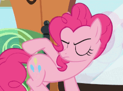 Size: 500x369 | Tagged: safe, screencap, pinkie pie, earth pony, pony, g4, party pooped, season 5, animated, butt touch, context is for the weak, female, gif, hoof on butt, looking at you, mare, self spanking, slap, solo, spanking