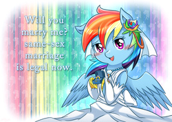 Size: 1500x1061 | Tagged: safe, artist:vavacung, rainbow dash, pegasus, pony, g4, blushing, clothes, cute, cutie mark necklace, dress, female, gay marriage, gay pride, lovewins, necklace, pride, ring, solo, wedding dress