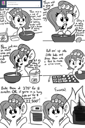 Size: 1462x2198 | Tagged: safe, artist:tjpones, oc, oc only, oc:brownie bun, horse wife, ..., ask, batter, burning stove, cute, fail, fire, food, hoof hold, mascot:nutty professor, mixing, monochrome, mouth hold, open mouth, oven, property damage, recipe, smiling, smoke, solo, stove, tumblr