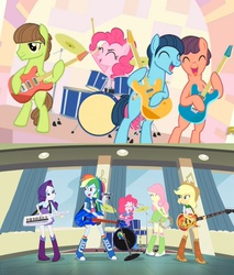 Size: 867x1017 | Tagged: safe, screencap, applejack, fluttershy, lonely hearts, northern song, pinkie pie, rainbow dash, rarity, strawberry fields, pony, equestria girls, g4, my little pony equestria girls: rainbow rocks, party pooped, comparison, george harrison, john lennon, paul mccartney, ponified, the beatles, the rainbooms