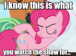 Size: 500x369 | Tagged: safe, edit, edited screencap, screencap, pinkie pie, earth pony, pony, g4, party pooped, animated, bronybait, butt, butt touch, caption, cutie mark, female, hoof on butt, i watch it for the plot, image macro, looking at you, mare, meme, plot, rubbing, self spanking, solo, spanking, teasing