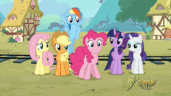 Size: 512x288 | Tagged: safe, screencap, applejack, fluttershy, pinkie pie, rainbow dash, rarity, twilight sparkle, alicorn, pony, g4, party pooped, animated, discovery family, discovery family logo, female, glasses, mane six, mare, nose in the air, sunglasses, twilight sparkle (alicorn)