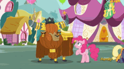 Size: 512x288 | Tagged: safe, screencap, applejack, pinkie pie, prince rutherford, rarity, yak, g4, party pooped, animated, balloon, cloven hooves, discovery family, discovery family logo, female, hug, male