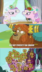 Size: 1280x2180 | Tagged: safe, edit, edited screencap, screencap, prince rutherford, queen chrysalis, pony, yak, a canterlot wedding, g4, party pooped, canterlot, comic, disguise, disguised changeling, female, glowing horn, horn, male, mare, screencap comic, this day aria, yak smash