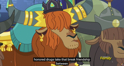 Size: 1600x855 | Tagged: safe, screencap, prince rutherford, yaakov, yasir, yak, g4, party pooped, discovery family logo, drugs, meme, youtube caption
